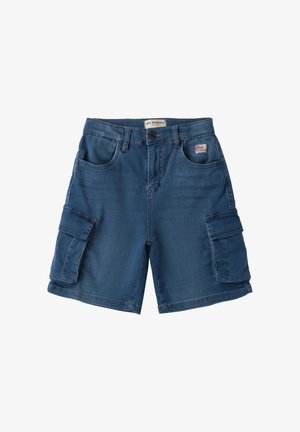 Shorts cargo in denim blu scuro, caratterizzati da molteplici tasche, chiusura con bottone e etichetta del marchio sulla vita.