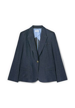 Tummanharmaa yksirivinen bleiseri, jossa on lovikaulukset, yksi kultainen nappisuljenta, läppätaskut ja vaaleansininen vuori.