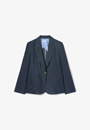 Tummanharmaa yksirivinen bleiseri, jossa on lovikaulukset, yksi kultainen nappisuljenta, läppätaskut ja vaaleansininen vuori.