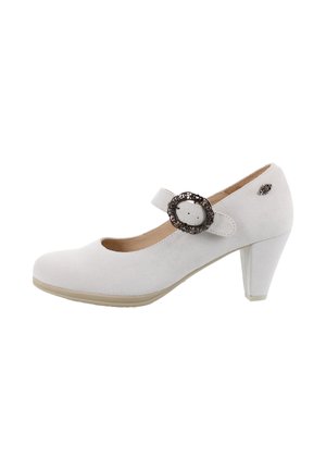 Weißer Wildleder-Mary Jane-Schuh mit mittelhohem Absatz und dekorativem, verziertem silbernem Schnallenriemen, von der Außenseite betrachtet.