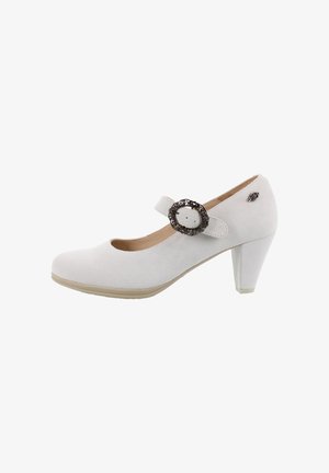 Weißer Wildleder-Mary Jane-Schuh mit mittelhohem Absatz und dekorativem, verziertem silbernem Schnallenriemen, von der Außenseite betrachtet.