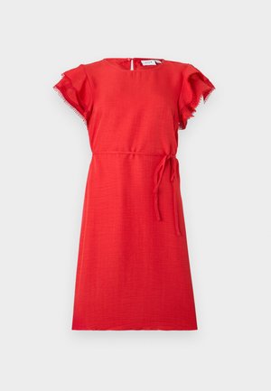 Red knee-length dress with short ruffled sleeves, round neckline, waist tie, and keyhole button closure at back.