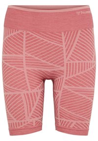 Pink athletic shorts with a textured fabric featuring a geometric leaf pattern in darker pink, mid-thigh length, and elastic waistband.