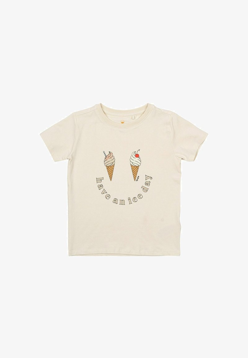 Šviesiai smėlinis medvilninis marškinėliai su dviem pieštomis ledų kūgiais ir užrašu "turėk ledinę dieną" apvaliu raštu.