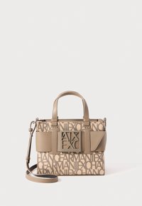 Beige handbag with logo pattern, structured design, two short handles, adjustable strap, and a front pocket with a prominent logo plaque.