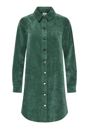 Langarm groen corduroy shirt jurk met metalen drukknoopjes, puntige kraag en licht gebogen zoom.