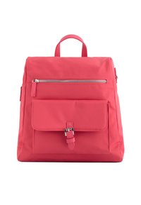 Rucsac roz din nylon, cu o formă structurată. Dispune de un buzunar frontal cu fermoar, un buzunar mare cu clapetă securizat de o cataramă și o mânere superioară.