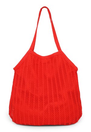 Borsa a rete rossa con apertura ampia, sottili spalline e forma morbida. Presenta un motivo a rombi su tutto il materiale a rete.