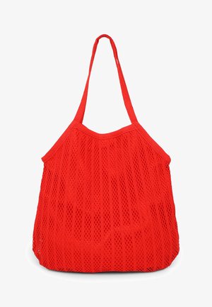 Borsa a rete rossa con apertura ampia, sottili spalline e forma morbida. Presenta un motivo a rombi su tutto il materiale a rete.