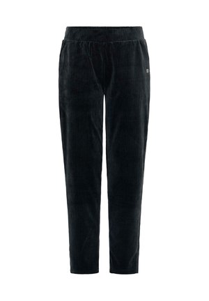 Pantalons en velours côtelé noir avec une texture lisse, un motif en côtes, une taille élastique et des jambes fuselées, avec un petit accent de logo.