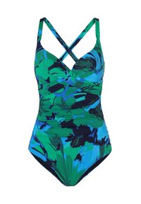 Eén stuk badpak in een blauw en groen bloemenpatroon, met gekruiste rugbandjes, geplooide zijkanten en een gladde textuur.