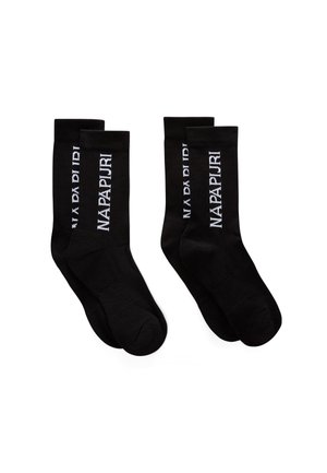Dos pares de calcetines negros de caña media con el logotipo NAPAPIJRI en blanco y en vertical, sobre un fondo blanco.