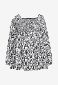 Sort-hvid zebra print top med smocket overdel, firkantet halsudskæring og lange puff ærmer, der har en løs pasform og tekstureret stof.