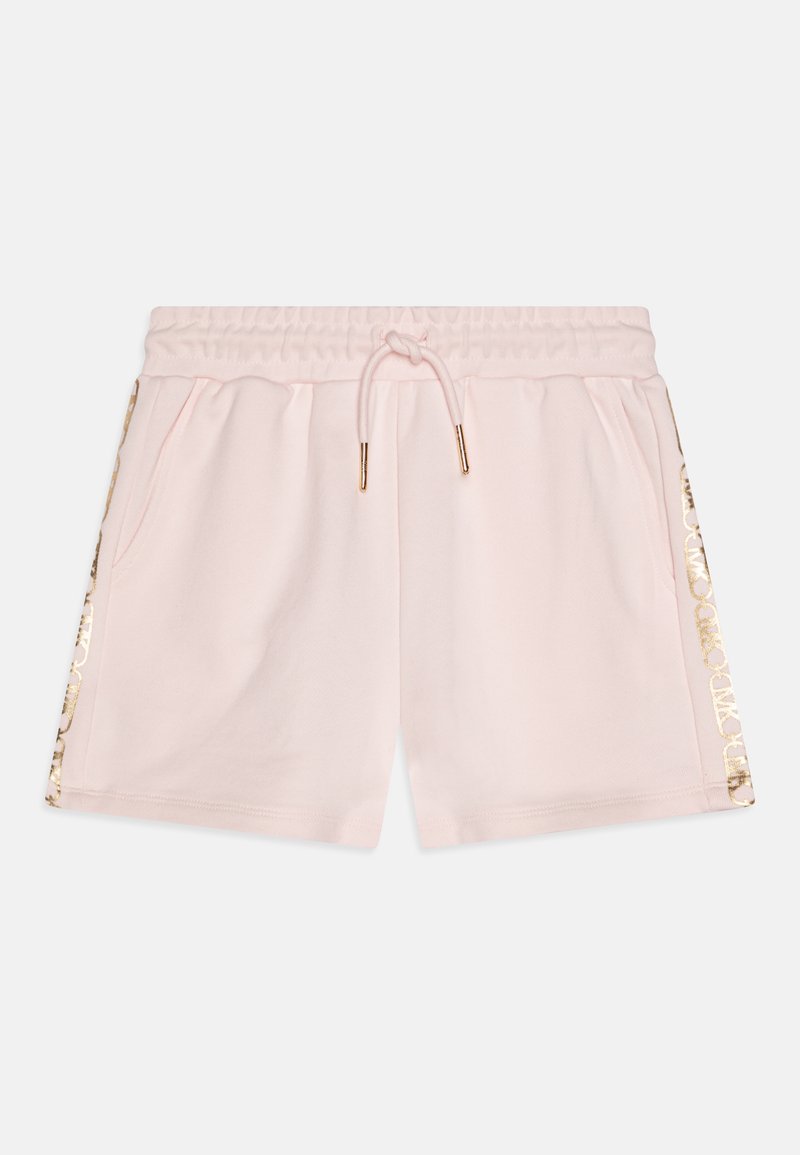 Light pink shorts made of soft fabric, featuring an elastic waistband with a drawstring and gold accents on the side panels.
