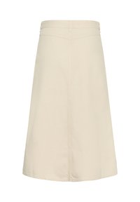 Beige A-formet nederdel med bæltestropper, frontsøm og minimalistisk design, der falder nedenfor knæet.