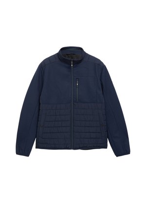 Marineblauwe herenjas met doorgestikte onderste helft, borstzak met rits, zijzakken met knopen en een ritssluiting aan de voorkant.