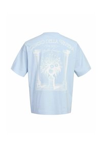 Ανοιχτό μπλε T-shirt με λευκό vintage τύπωμα ενός ανθοπωλείου ανάμεσα σε δύο κολόνες και την επιγραφή "CORSO DELLA RIVIERA PALAZZO" στην πλάτη.