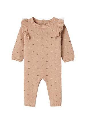 Knitted beige baby romper with long sleeves, ruffled shoulders, small eyelet pattern, and ribbed cuffs and neckline.