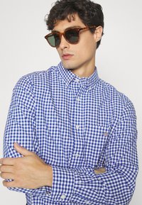 Blauw-wit geruit overhemden met knoopje aan de kraag, left chest pocket en lange mouwen. Het model draagt een bruine zonnebril.