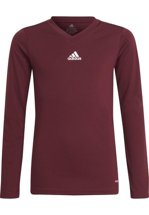Bordeauxfarbendes langärmliges Sportshirt mit V-Ausschnitt. Verfügt über ein weißes Adidas-Logo auf der Brust und einen glatten, strukturierten Stoff.