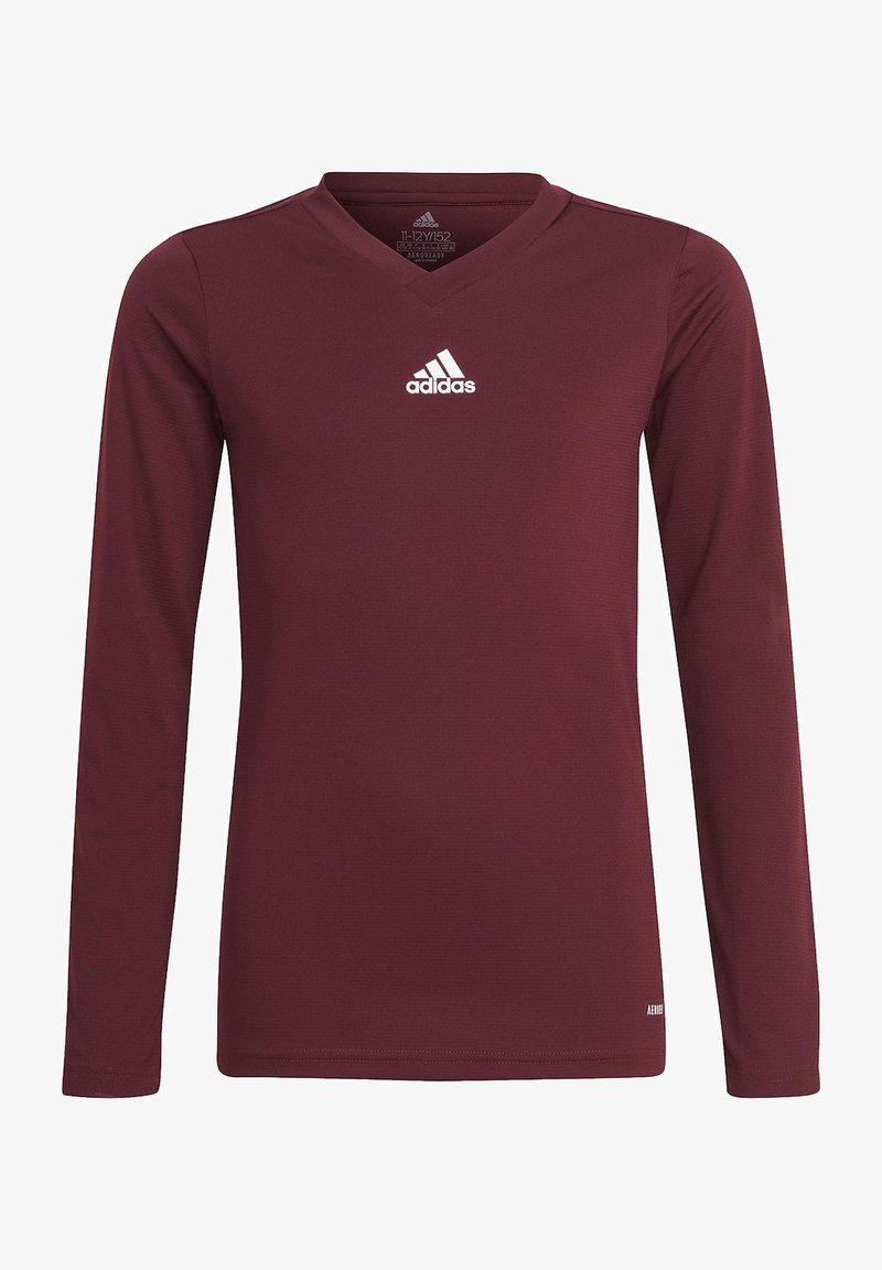 Bordeauxfarbendes langärmliges Sportshirt mit V-Ausschnitt. Verfügt über ein weißes Adidas-Logo auf der Brust und einen glatten, strukturierten Stoff.