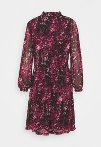 Robe noire avec un motif floral en rose et blanc. Manches longues et bouffantes avec un col haut. Fabriquée en tissu léger et transparent.