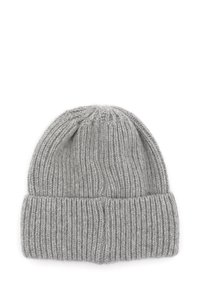 Gray ribbed knit beanie with folded cuff, soft wool texture, designed for winter wear.