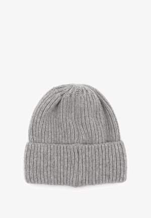 Gray ribbed knit beanie with folded cuff, soft wool texture, designed for winter wear.