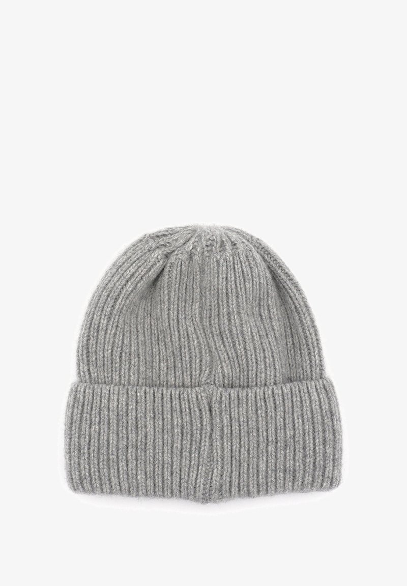 Gray ribbed knit beanie with folded cuff, soft wool texture, designed for winter wear.