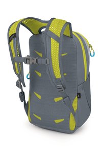 Grauer Rucksack mit leuchtend gelben Akzenten, Netzstruktur, verstellbaren Trägern und einer Reißverschlusstasche, der ein elegantes, stromlinienförmiges Design aufweist.