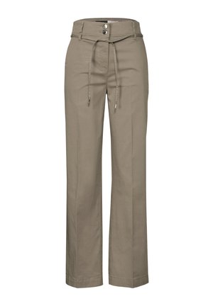 Pantalons larges en kaki en coton, avec une taille à cordon de serrage, fermeture à double bouton et ourlets droits. Texture lisse, sans motifs.