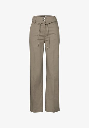 Pantaloni a gamba larga kaki in cotone, con vita regolabile tramite coulisse, chiusura con doppio bottone e orli dritti. Texture liscia, senza motivi.