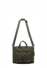 Olivroheline kott, millel on ristkülikuline kuju, tõmblukuga ülemine osa, kaks käepideme, reguleeritav rihm ja esikott klambri sulgemisega. Matt tekstuur.