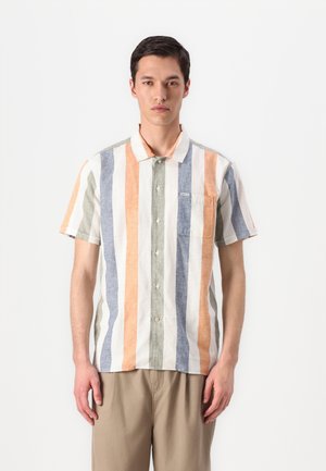 Short-sleeve button-up shirt featuring vertical stripes in orange, blue, green, and white. Includes a chest pocket and collar.