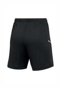 Shorts de sport noirs en tissu léger. Dotés d'une taille élastique et d'une accentuation blanche sur le côté. Texture lisse, coupe à mi-genoux.