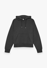 Ciemnoszara bluza z kapturem wykonana z miękkiego materiału, charakteryzująca się luźnym krojem, szerokimi rękawami, przednią kieszenią oraz regulowanymi sznurkami.