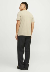 Bežinė trumpa rankovė t-shirt, lengvas audinys, apvalios kaklo išpjova, derinama su laisvomis juodomis kelnėmis. Paprastas, minimalistiškas stilius.
