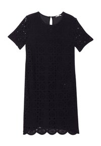 Robe en dentelle noire avec des manches courtes, présentant des motifs circulaires, un col rond, un dos en forme de trou de serrure et un ourlet festonné.