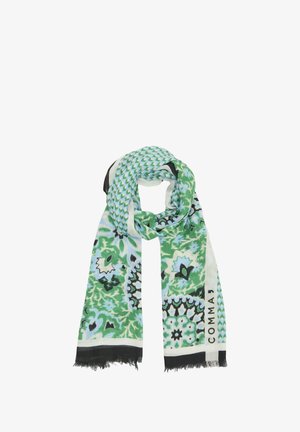 Zielono-niebieski szalik w wzory; prostokątny kształt z frędzlami na brzegach; posiada wzory kwiatowe i geometryczne; logo na krawędzi.
