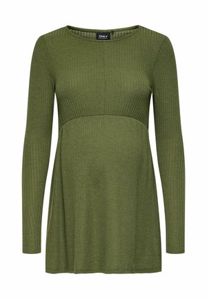 Olivegrünes, langärmliges, geripptes Umstandstop mit hoher Taillennaht und rundem Ausschnitt, mit dem Label "Only Maternity".