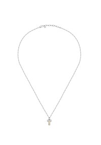 Collana in argento con un ciondolo a croce minimalista. La croce presenta un accento verticale in oro e piccole gemme su entrambi i lati.