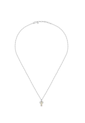 Collana in argento con un ciondolo a croce minimalista. La croce presenta un accento verticale in oro e piccole gemme su entrambi i lati.