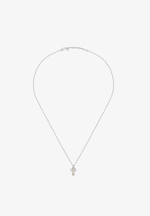 Collana in argento con un ciondolo a croce minimalista. La croce presenta un accento verticale in oro e piccole gemme su entrambi i lati.