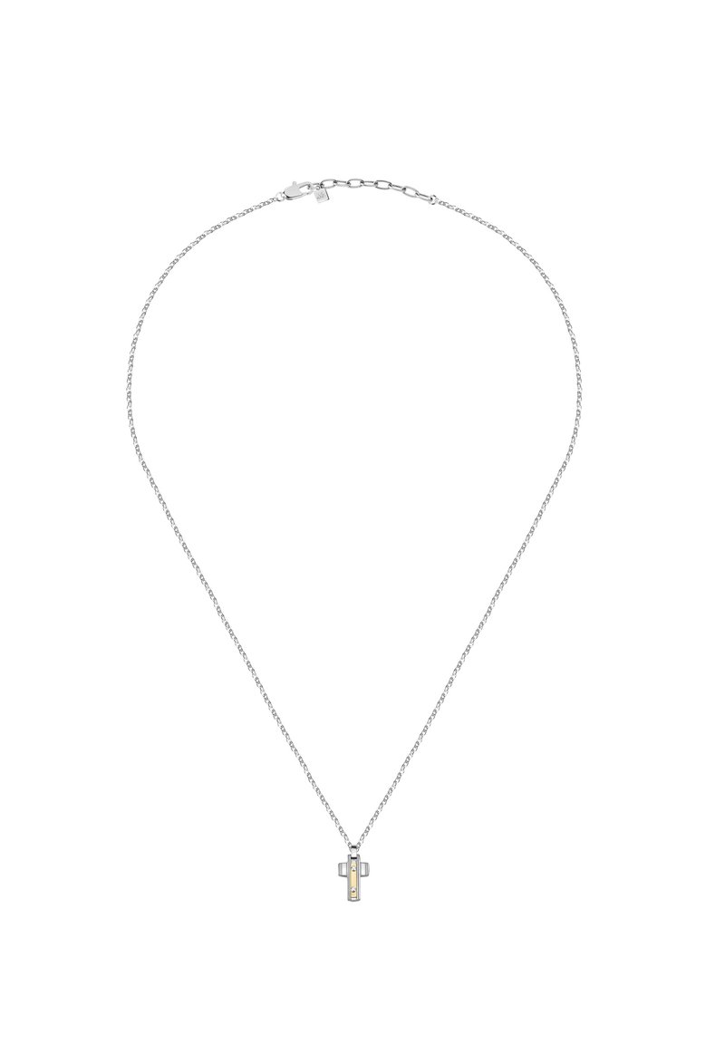 Collana in argento con un ciondolo a croce minimalista. La croce presenta un accento verticale in oro e piccole gemme su entrambi i lati.