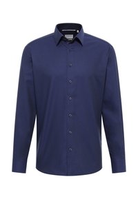 Navyblaue Langarmhemd mit Knopfleiste aus strukturierter Baumwolle, klassischem Kragen und sechs vorderen Knöpfen. Verfügt über einen geraden Saum.