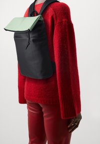 Svart ryggsäck med en vikt mintgrön flik, bestående av ett slätt material och justerbara svarta remmar. Bärs över en röd strukturerad tröja.
