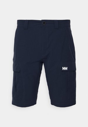 Shorts cargo blu navy con chiusura a bottone, due tasche laterali e un elemento logo bianco sulla gamba sinistra. Realizzati in tessuto resistente.