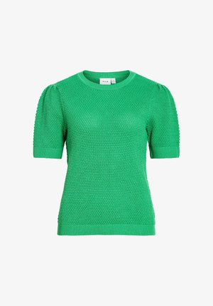 Zeleno teksturirano pleteno kratko majico z okroglim izrezom in rebrastimi manšetami ter robom.