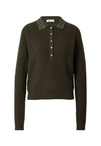 Donkergroen gebreid sweater met een kraaghalslijn versierd met zilveren studs, een knoopsluiting aan de voorkant en lange mouwen. Gestructureerd ribmateriaal.