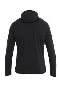 Black long-sleeve hoodie with a fitted design, featuring a rounded hood, smooth texture, and contrasting side panels.